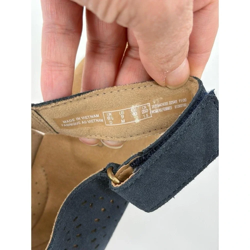 Clarks Blue Suede Wedge Sandals Hook & Loop Ankle Strap Women's US 9